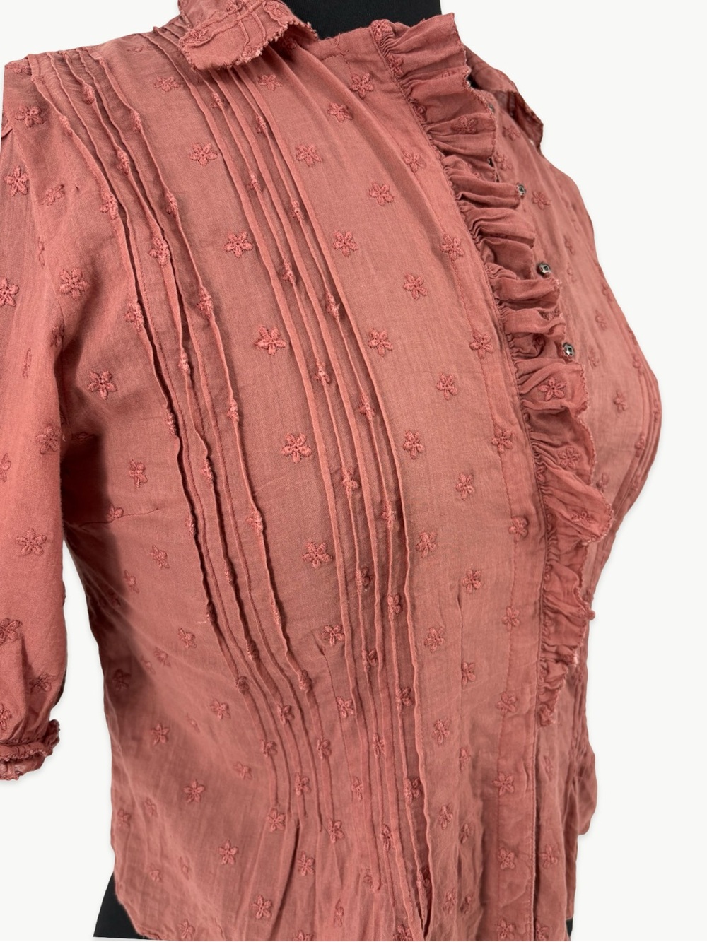 DÔEN Bird Top in Canyon Size Small Cotton Pintuck Ruffle Embroidered Blouse Rare - Picture 8 of 15